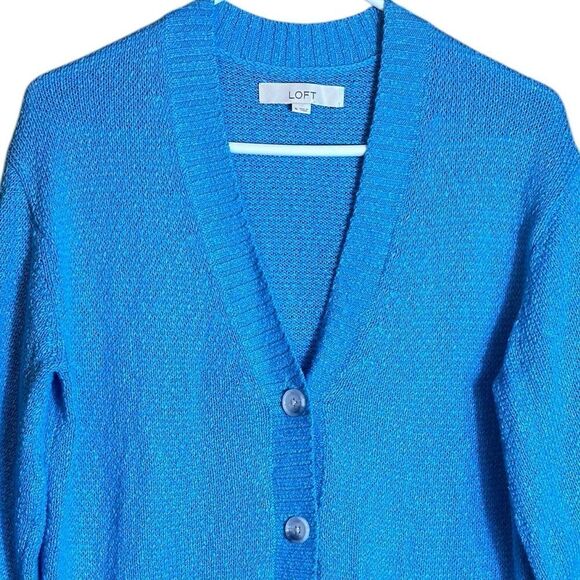 Loft Fuzzy Chunky Blue V-Neck Button Front Cardigan Sweater Size Medium 📦 - Picture 7 of 9